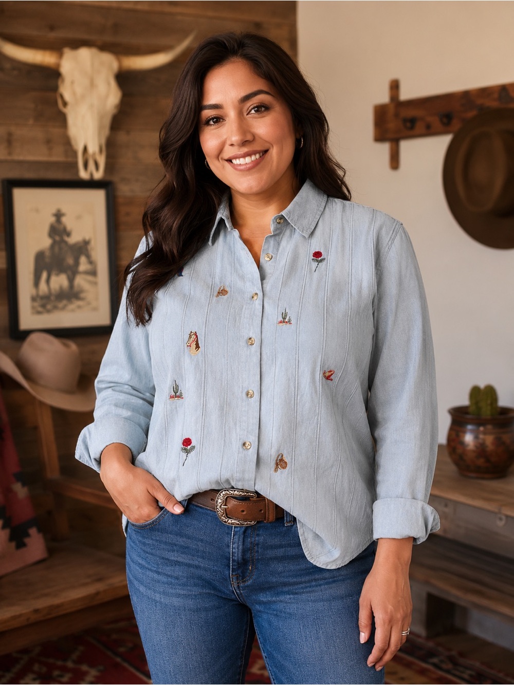 Embroidered Light Blue Button-Down Shirt - Women's Casual Top